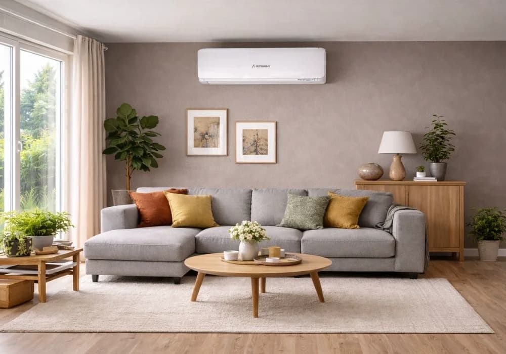 Witte airco-binnenunit boven een bank in de woonkamer