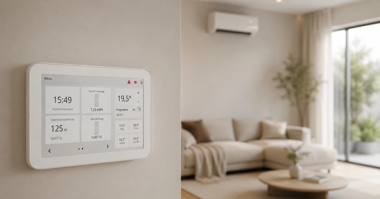 Bedieningsscherm aan de wand met een airco in de woonkamer op de achtergrond