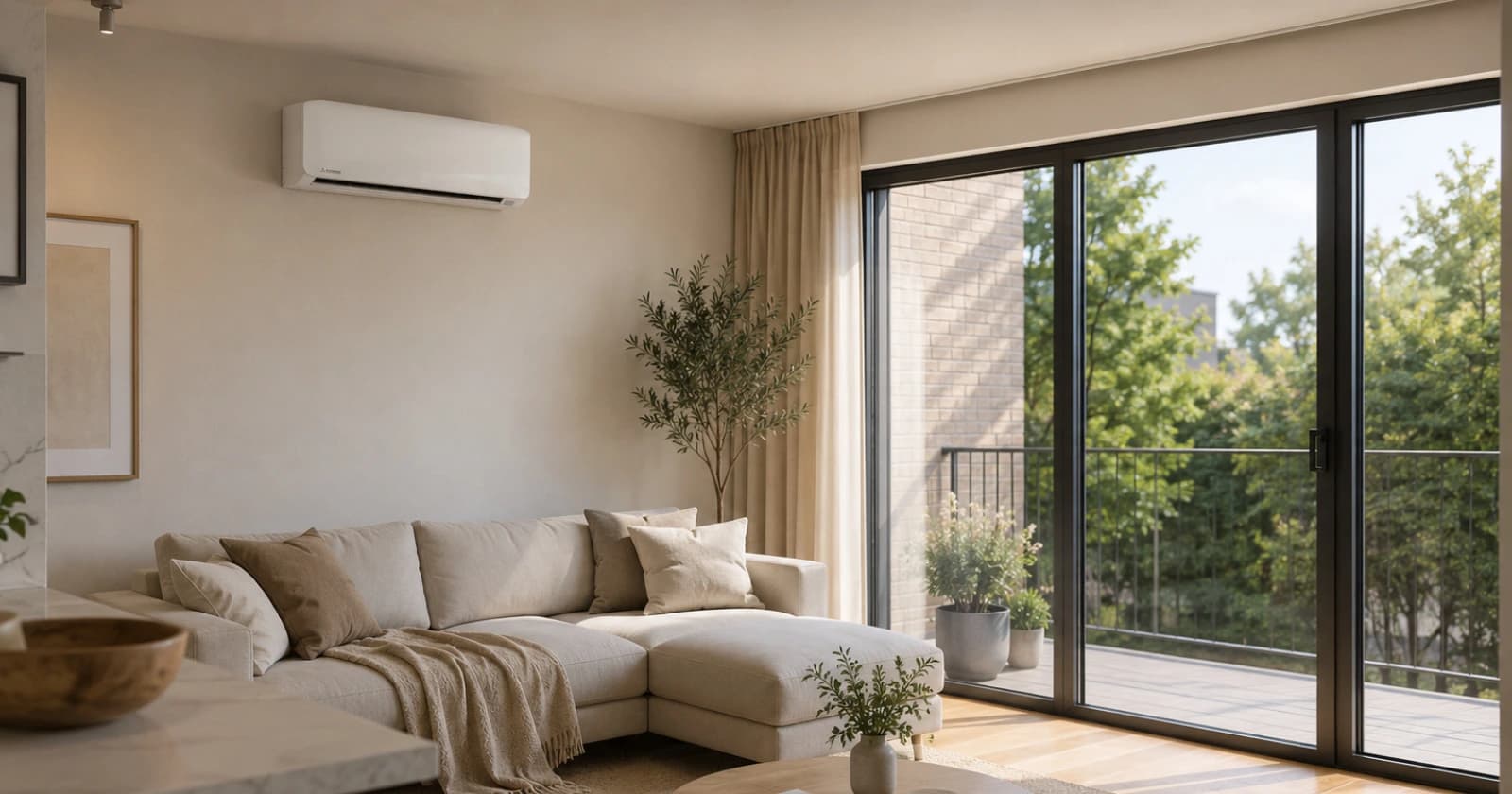 Woonkamer met een witte airco-binnenunit en grote ramen