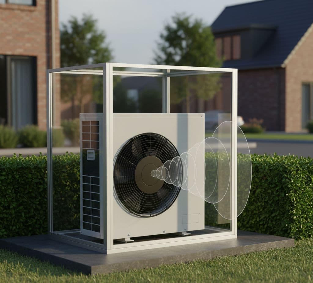 Warmtepomp-buitenunit in een omkasting naast een woning