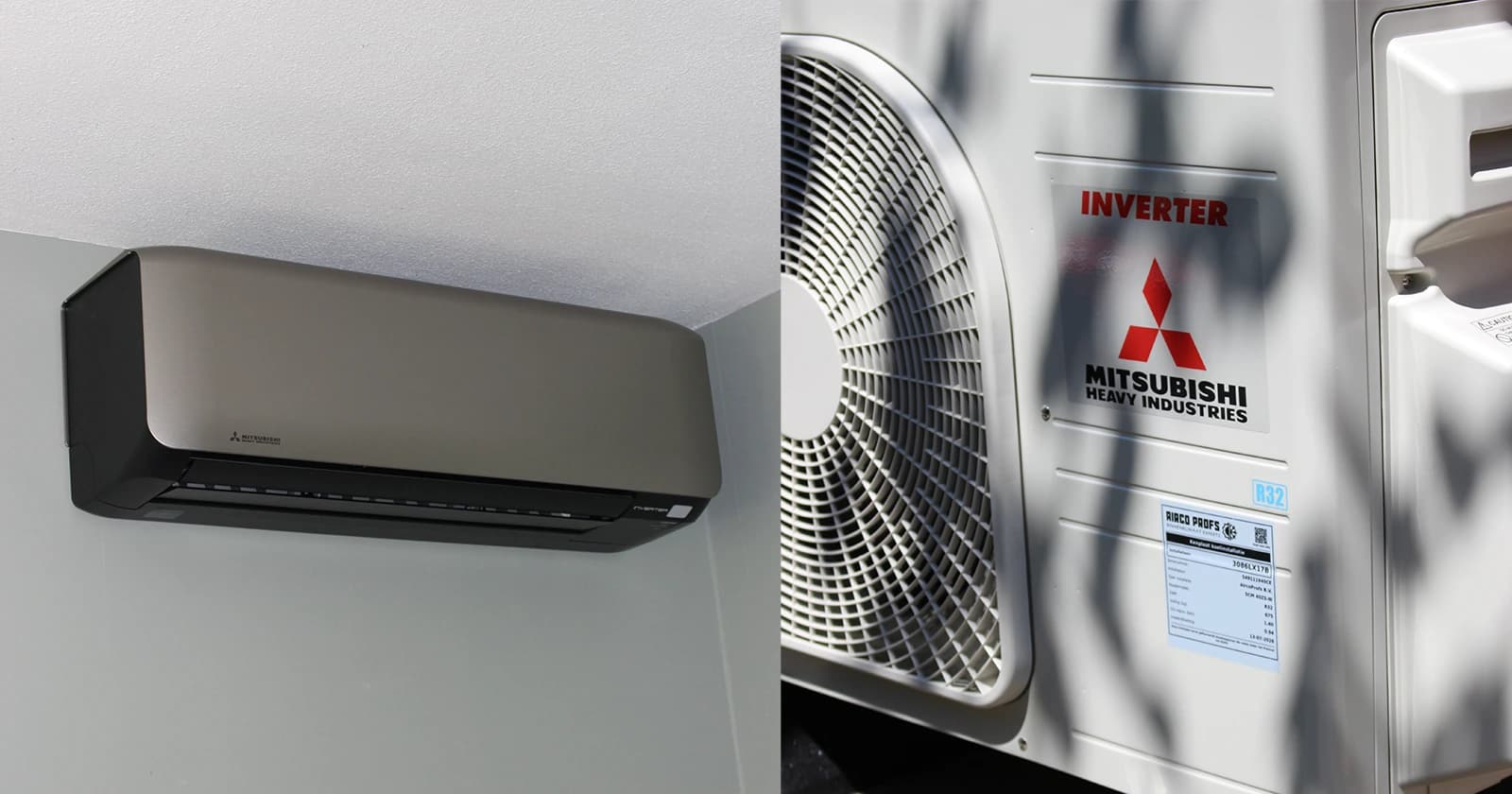 Airco-binnenunit en detail van een Mitsubishi Heavy Industries buitenunit