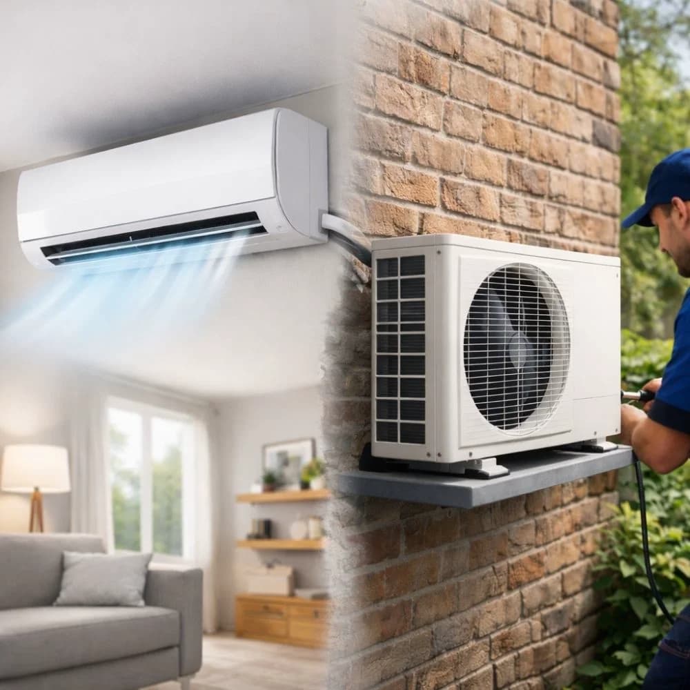 Airco-binnenunit in een woonkamer en een buitenunit aan een bakstenen gevel