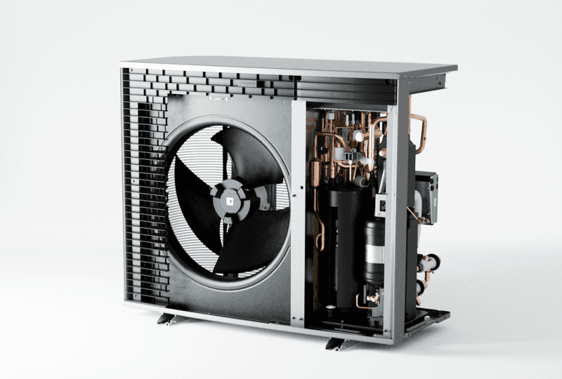 Opengewerkte Daikin Altherma 4 buitenunit met ventilator en leidingen