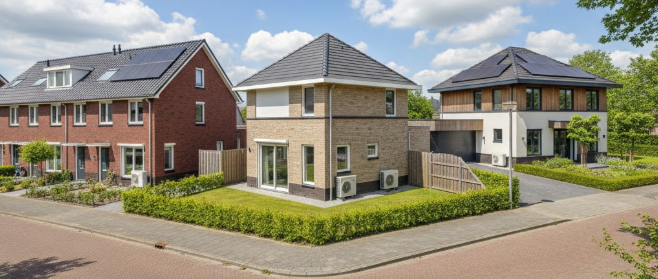 drie type woningen met warmtepomp; rijtjes-tussen-vrijstaandwoning